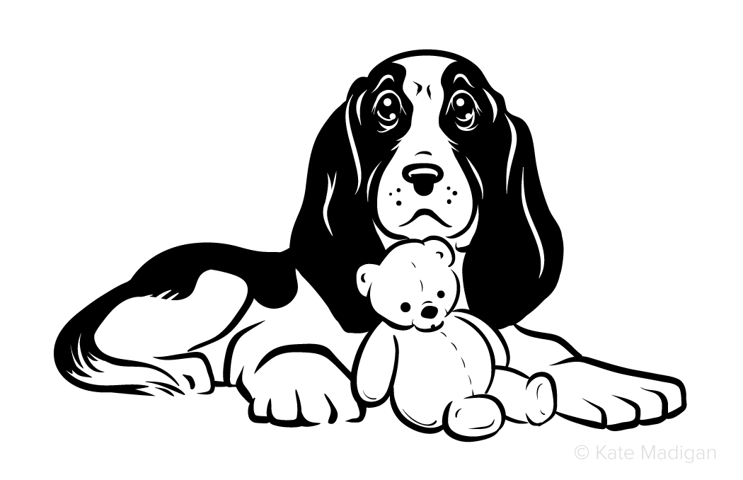 Black and white drawing of a sad beagle dog or foxhound with a teddy bear . Copyright Kate Madigan.