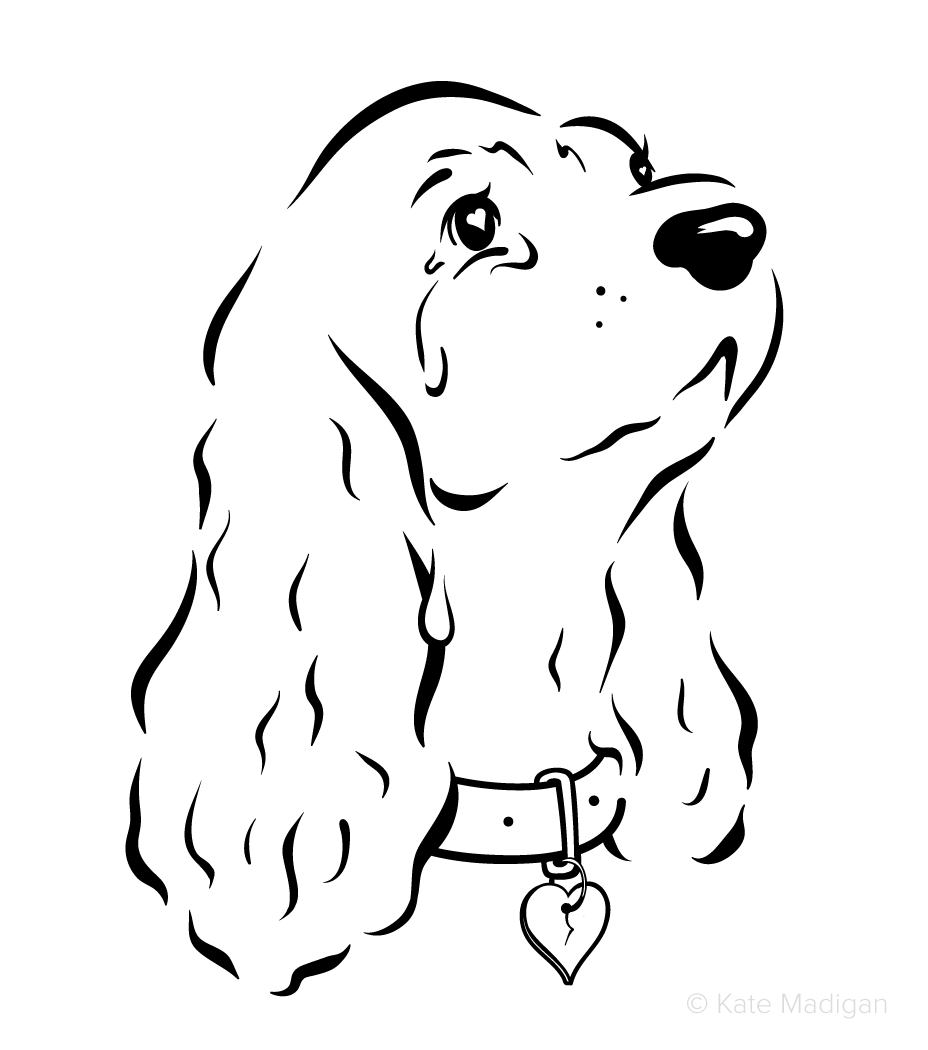 Black and white line drawing of a broken-hearted, lovelorn, tearful spaniel dog. Copyright Kate Madigan.