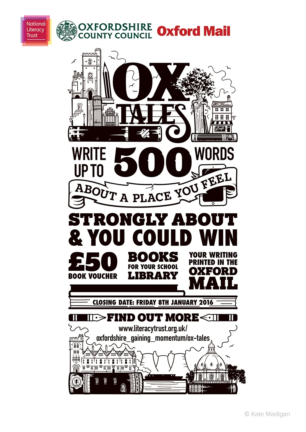 A3 poster design for the National Literacy Trust, featuring Oxfordshire landmarks (Carfax Tower, cafes, Brasenose College, Didcot Power Station, the Radcliffe Camera, a canal boat), books, pens, pencils, a tablet computer or phone and decorative typography. Copyright Kate Madigan.