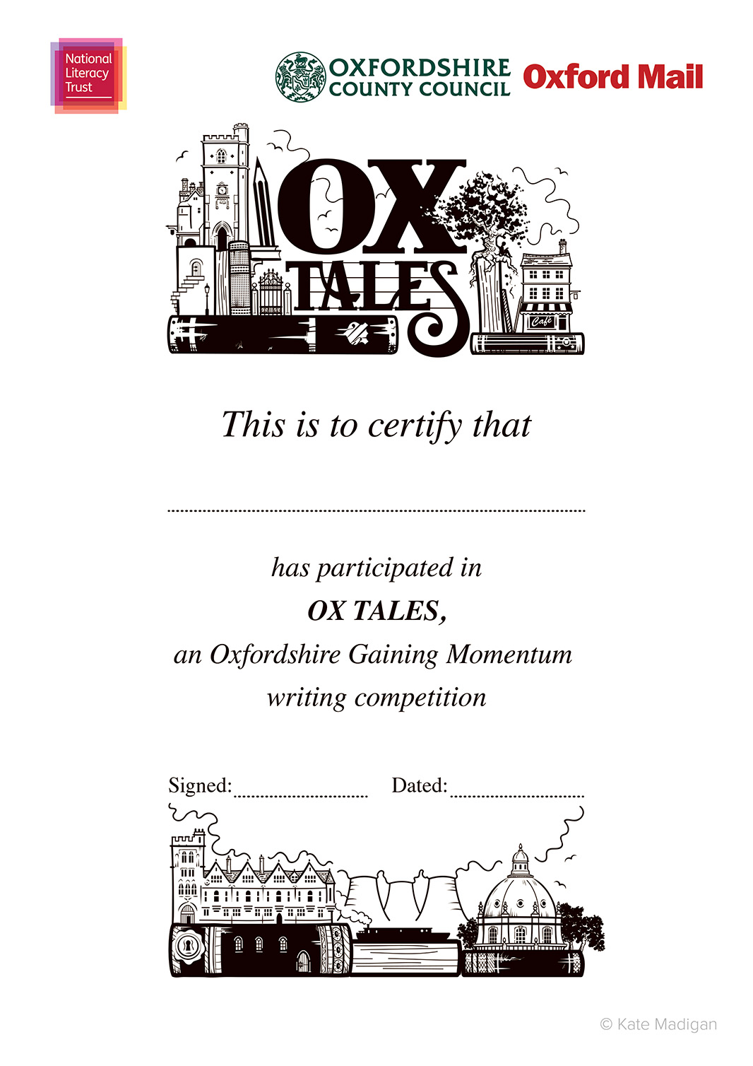 Participants' certificate design for the National Literacy Trust, featuring Oxfordshire landmarks (Carfax Tower, cafes, Brasenose College, Didcot Power Station, the Radcliffe Camera, a canal boat ), books, pens, pencils, a tablet computer or phone and decorative typography . Copyright Kate Madigan.