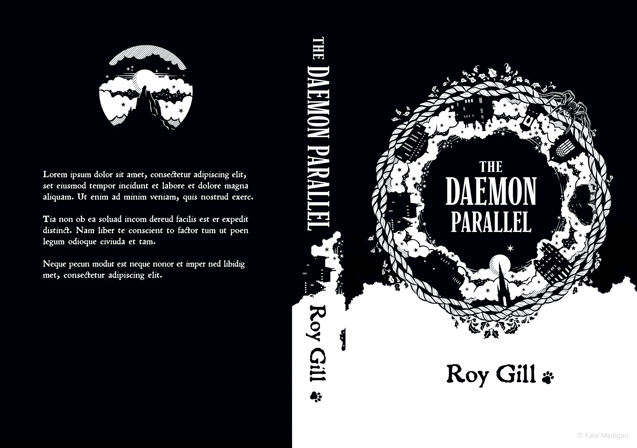 Imagined, alternative cover for Roy Gill's debut novel The Daemon Parallel, featuring motifs and locations from the book (twisted wool, ivy and vegetation, deer in a forest, the full moon, a spider, the Scott Monument in Edinburgh, Jenners Department Store, Edinburgh Castle, the Heave Awa' Hoose tenement building, an art deco cinema, a shop in the Old Town, St Bernard's Well, Holyrood Chapel, a paw print and a magical cloudscape ). Illustration copyright Kate Madigan.