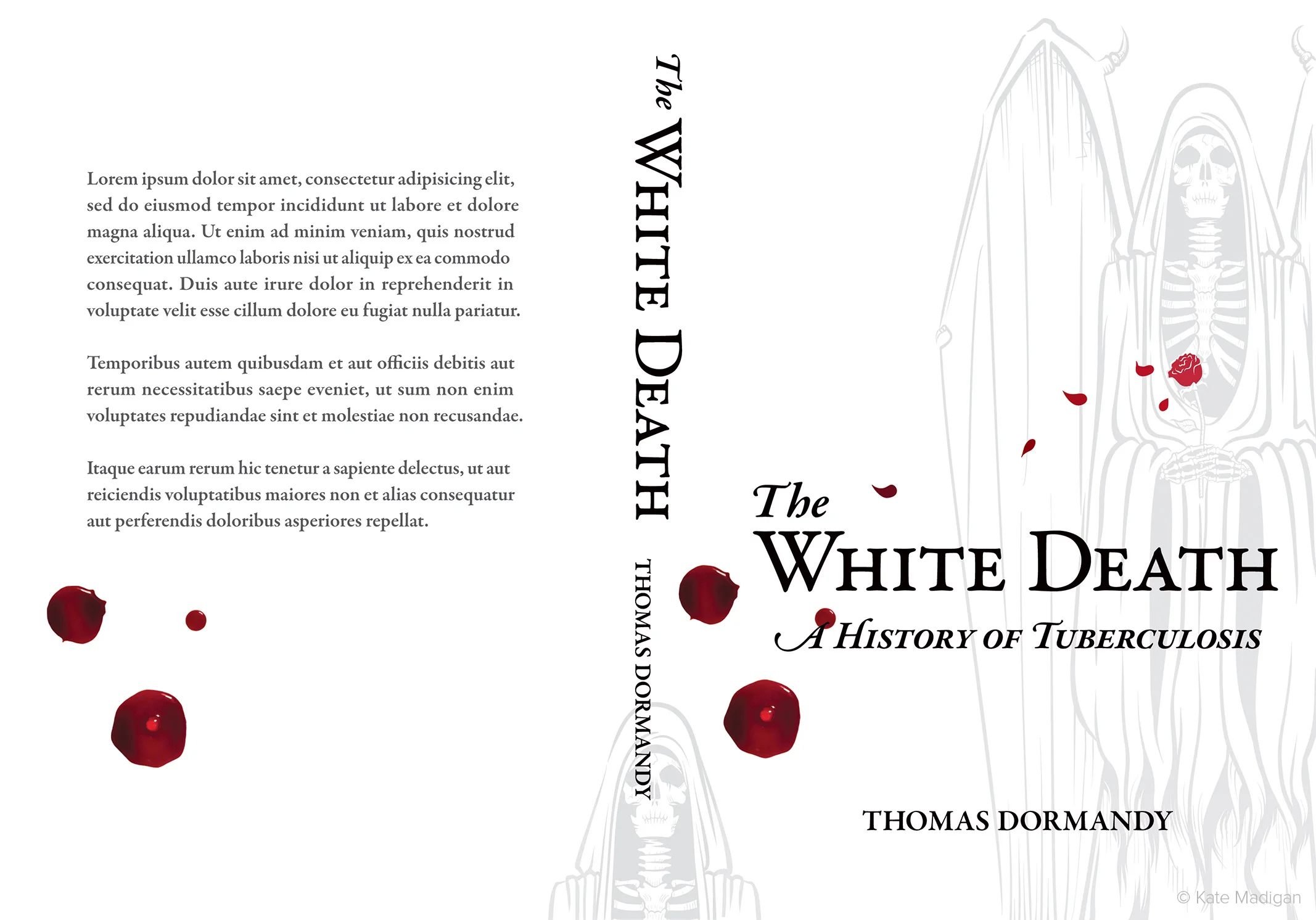 Imagined, alternative, and wholly unofficial cover for Thomas Dormandy's seminal work on the history of tuberculosis, 'The White Death'. The cover illustration features the angel of death holding a rose, the petals of which are falling and transforming into bloodstains . Illustration copyright Kate Madigan.