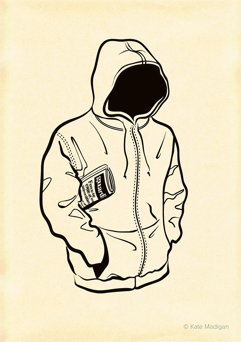 Drawing of an anonymous guy in a hoodie, hood up and hands in pockets against a cold day, with a crumpled copy of The Guardian tucked under his arm. Created as part of my solo exhibition at Blackwell's Bookshop. Line drawing on toned, distressed paper. Copyright Kate Madigan.