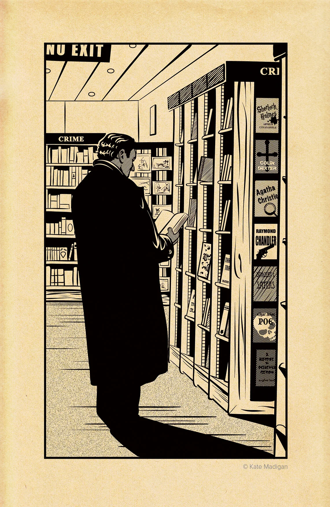 Drawing of a tough-looking, dark-haired man in an overcoat, collar turned up, lurking in the crime section of Blackwell's Bookshop, Oxford . Classic works of detective fiction are displayed on the shelves. Created as part of my solo exhibition at Blackwell's Bookshop. Line drawing on toned, distressed paper. Copyright Kate Madigan.
