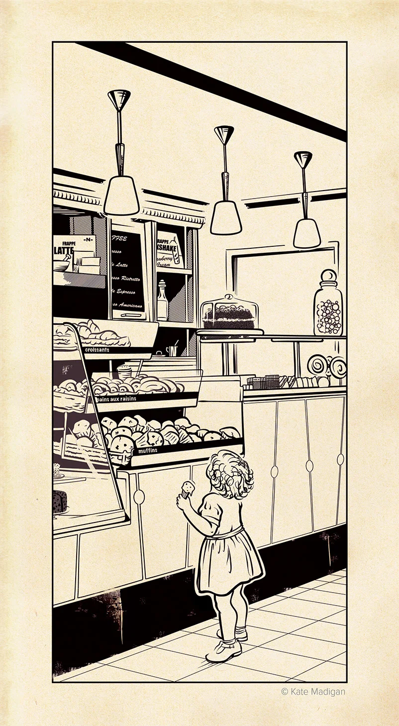 Line drawing showing a toddler clutching an ice cream cone gazing at the cakes and sweets on display at the Caffe Nero in Blackwell's, Oxford, and trying to make a selection. Created as part of my solo exhibition at Blackwell's Bookshop. Copyright Kate Madigan.