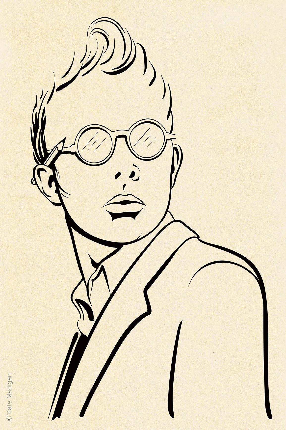 Simple line drawing of an undergraduate in a blazer and round spectacles, his hair in a quiff, a pencil tucked behind his ear, in Blackwell's Bookshop, Oxford. Created as part of my solo exhibition. Copyright Kate Madigan.