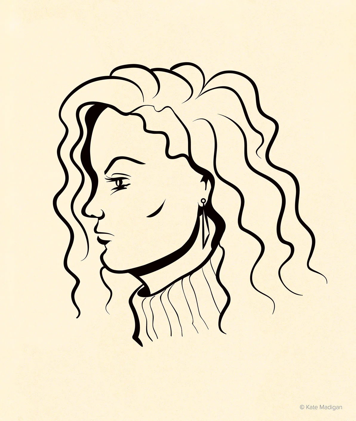 Portrait of a curly-haired student spotted in Blackwell's, Oxford. Created as part of my solo exhibition at Blackwell's Bookshop, Oxford. Copyright Kate Madigan.
