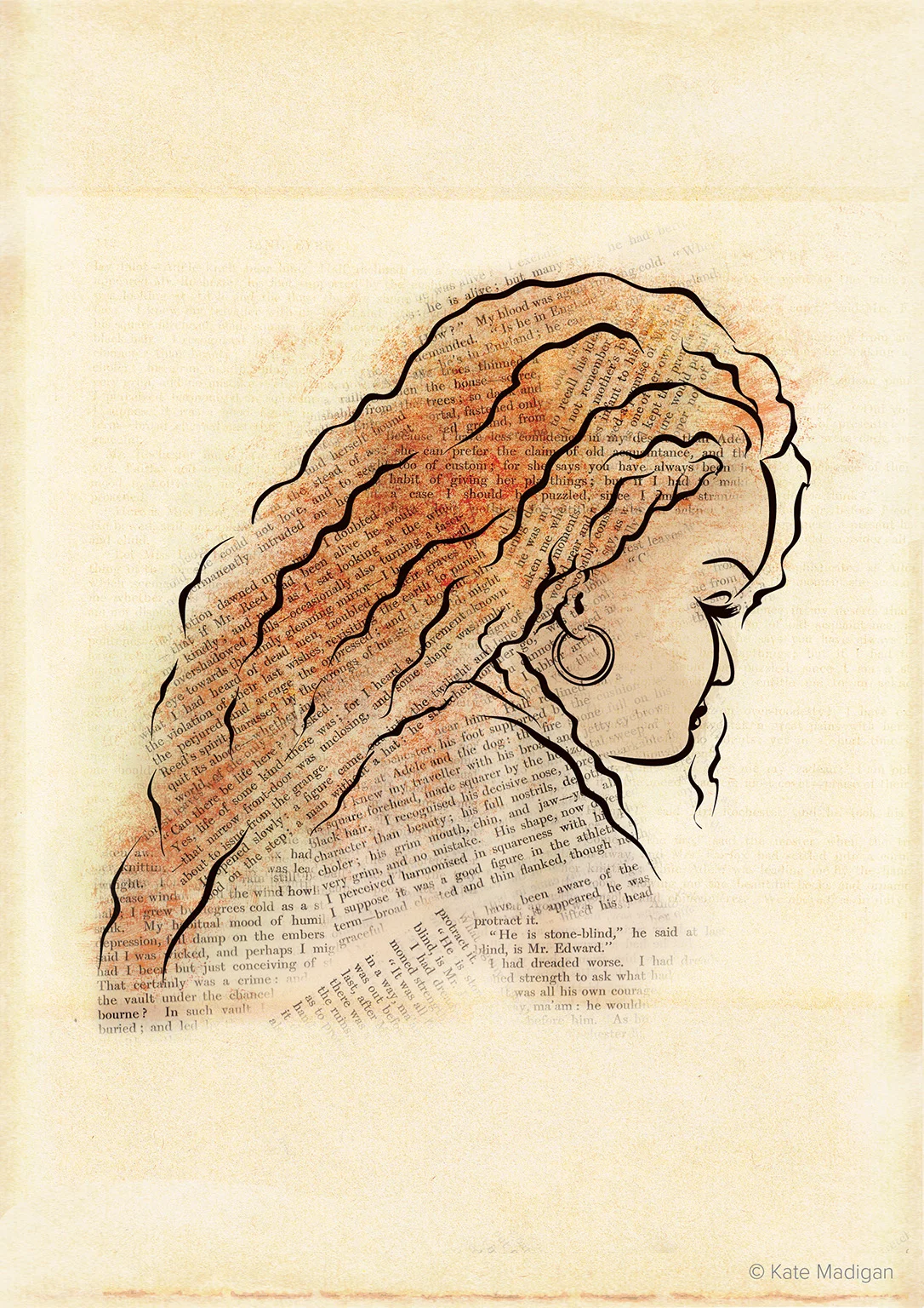 Line drawing of a red-haired woman absorbed in Charlotte Bronte's Jane Eyre. Passages from the book have been scanned in and used to shade her hair and clothing. Created as part of my solo exhibition at Blackwell's Bookshop Oxford. Copyright Kate Madigan.