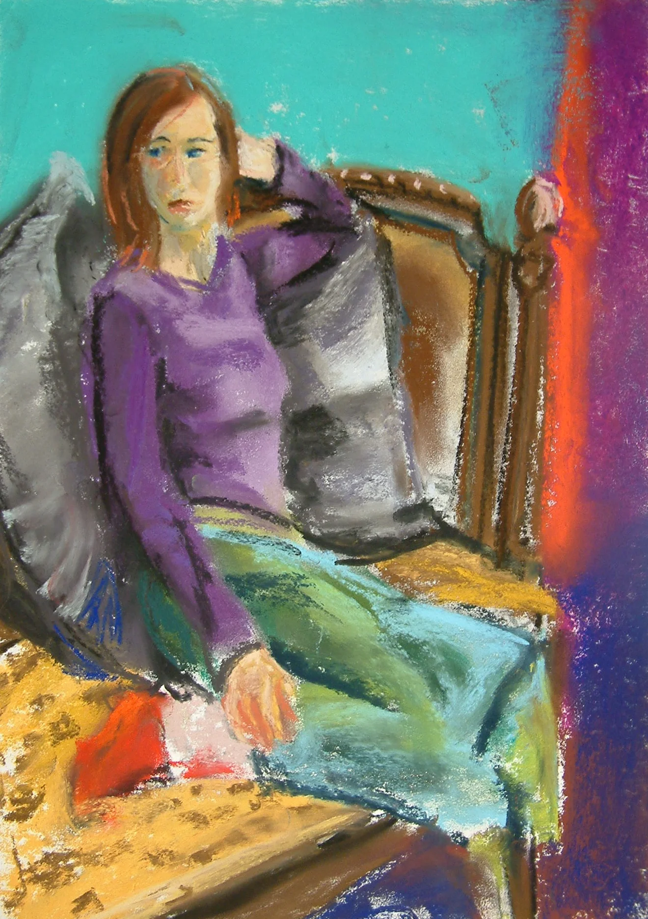 PURPLE TOP AND RED SOCK - PASTEL ON PAPER
