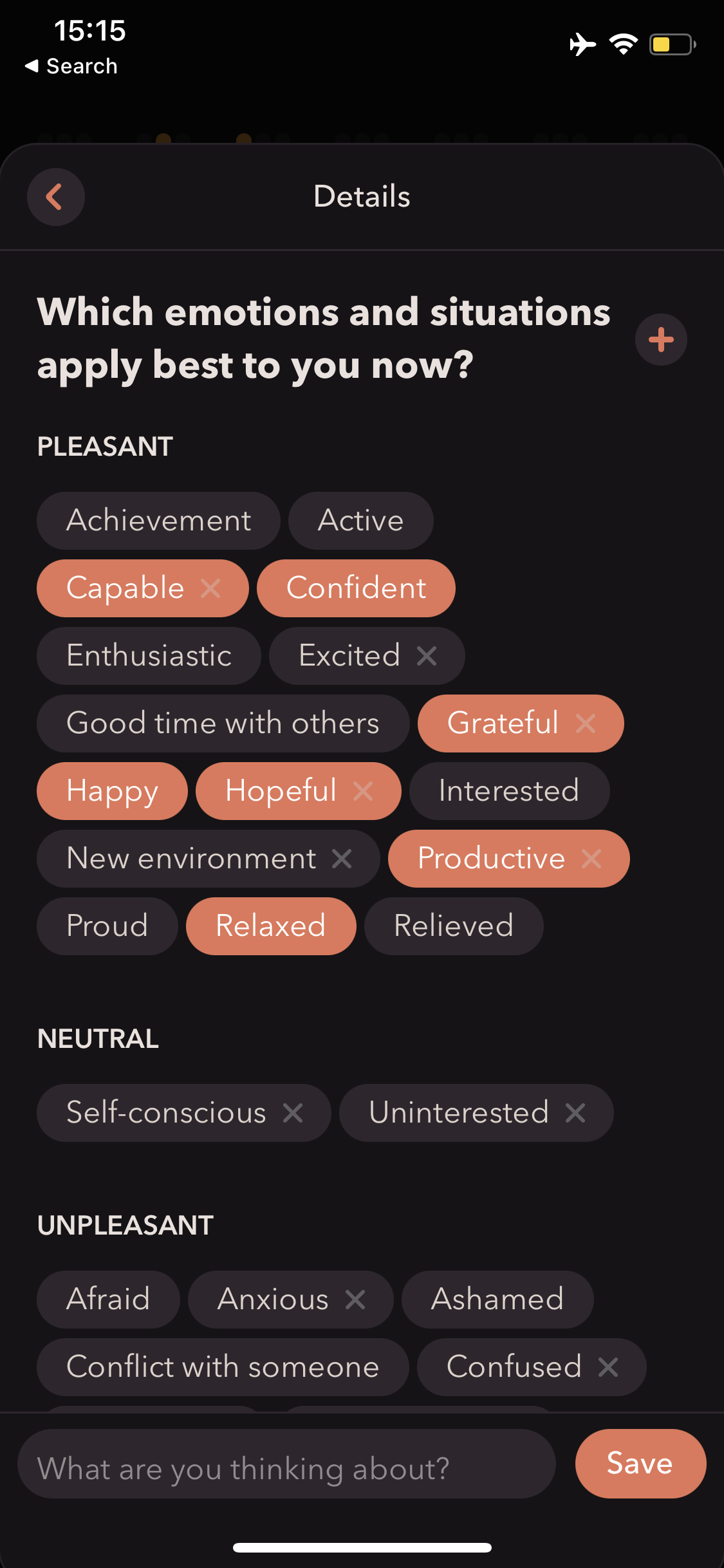  MindDoc allows you to customize and add emotions and situations you would categorize as pleasant, neutral, or unpleasant (Part 1) 