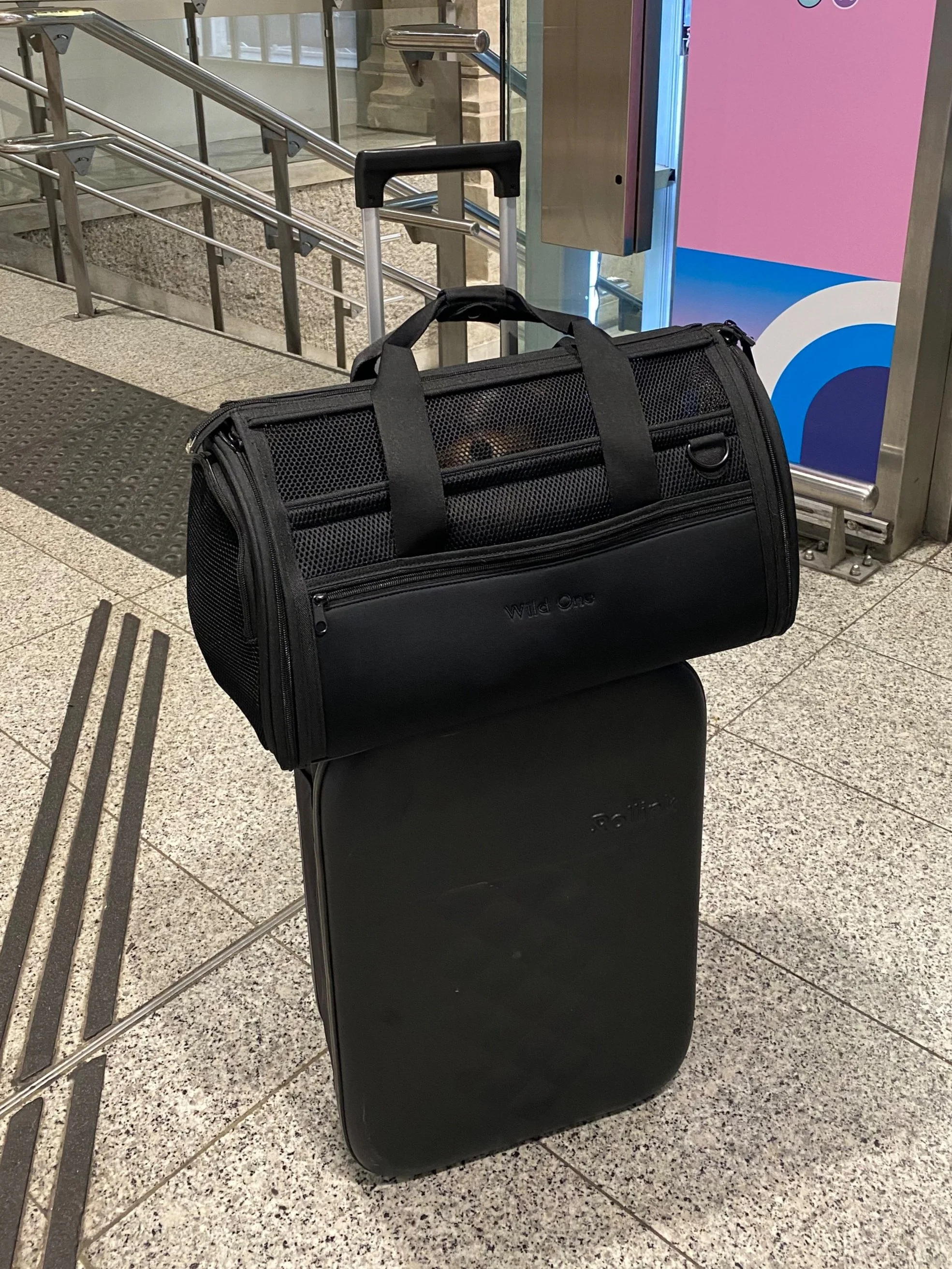 The bag is wider than my small rolling carry-on, so if Gigi shifts her weight to either side the whole bag swings around the suitcase.
