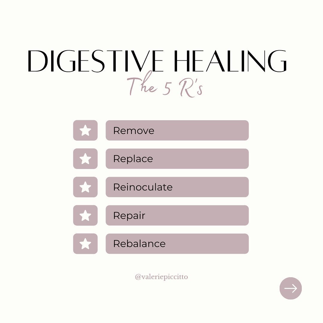 These are the 5 R&rsquo;s of digestive healing:
1. Remove 
2. Replace 
3. Reinoculate
4. Repair 
5. Rebalance
⠀⠀⠀⠀⠀⠀⠀⠀⠀⠀⠀⠀
Digestion is incredibly important. The digestive tract is the gateway to health - where everything begins &amp; ends. 
⠀⠀⠀⠀⠀⠀⠀⠀