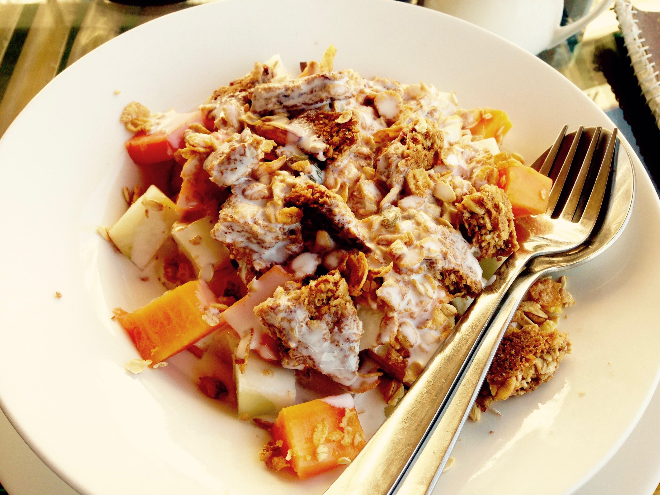My fave these days: Granola mix with seasonal fruit (papaya, apple, banana, pear) with coconut milk