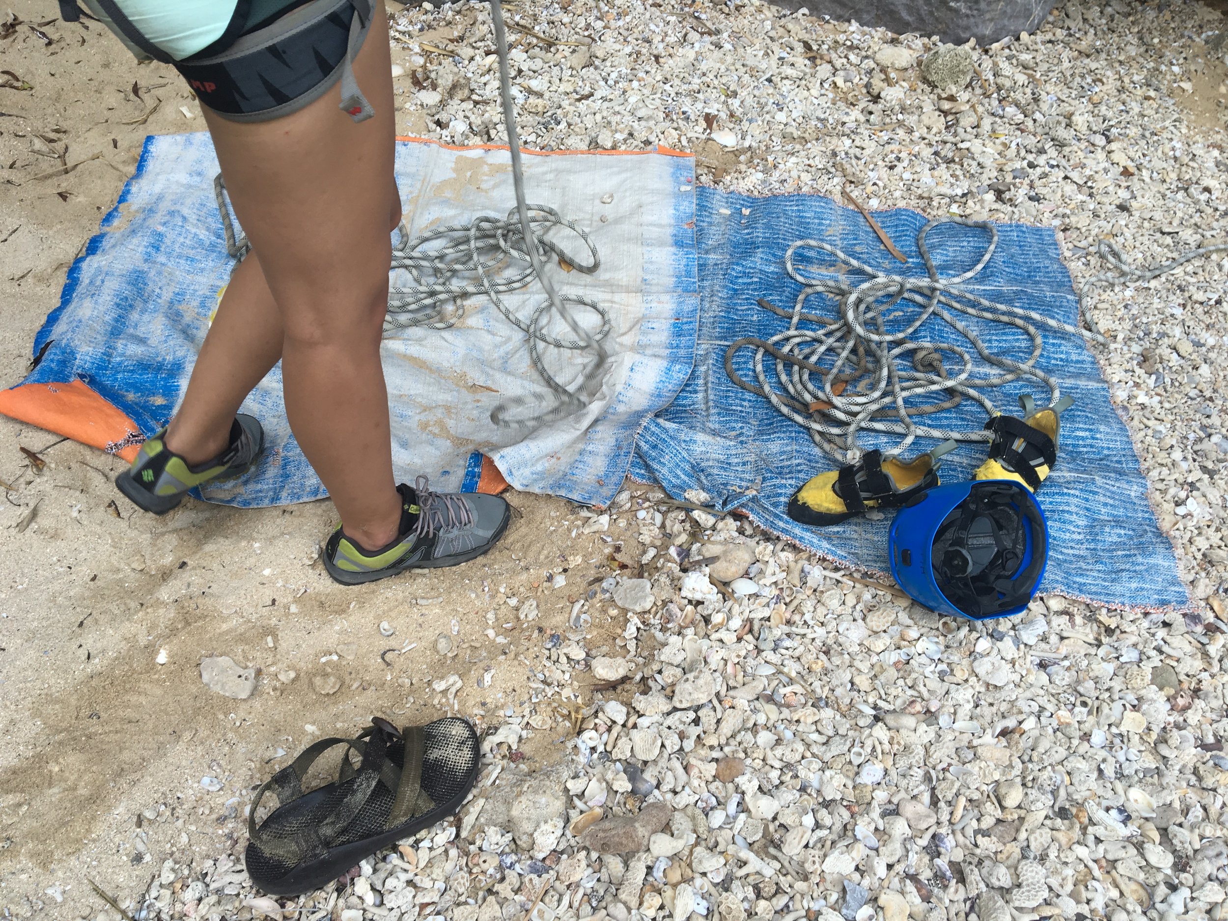 Getting strapped in right before the climb 