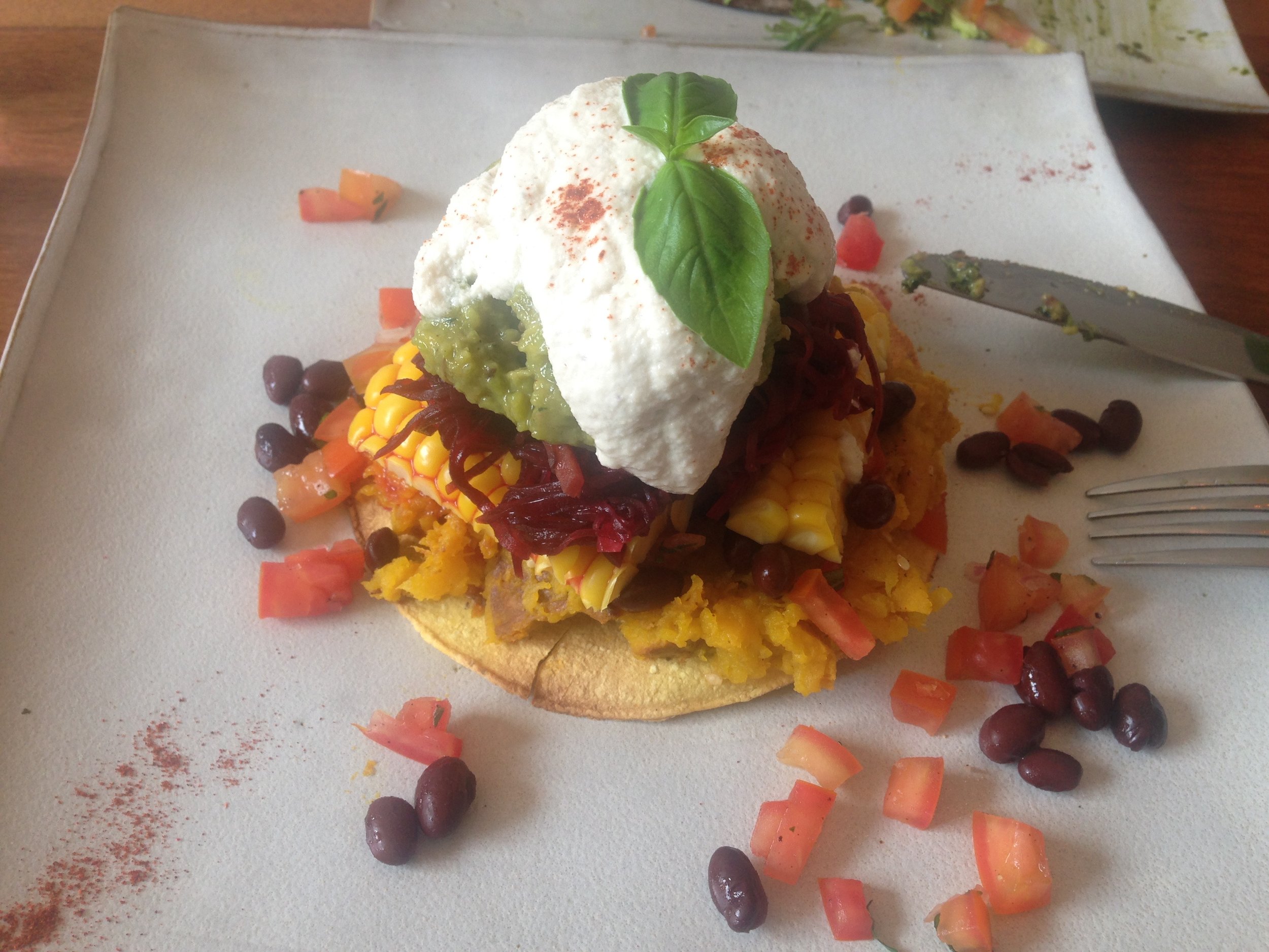 Black bean and corn quesadilla with cashew cheese and avocado smash 