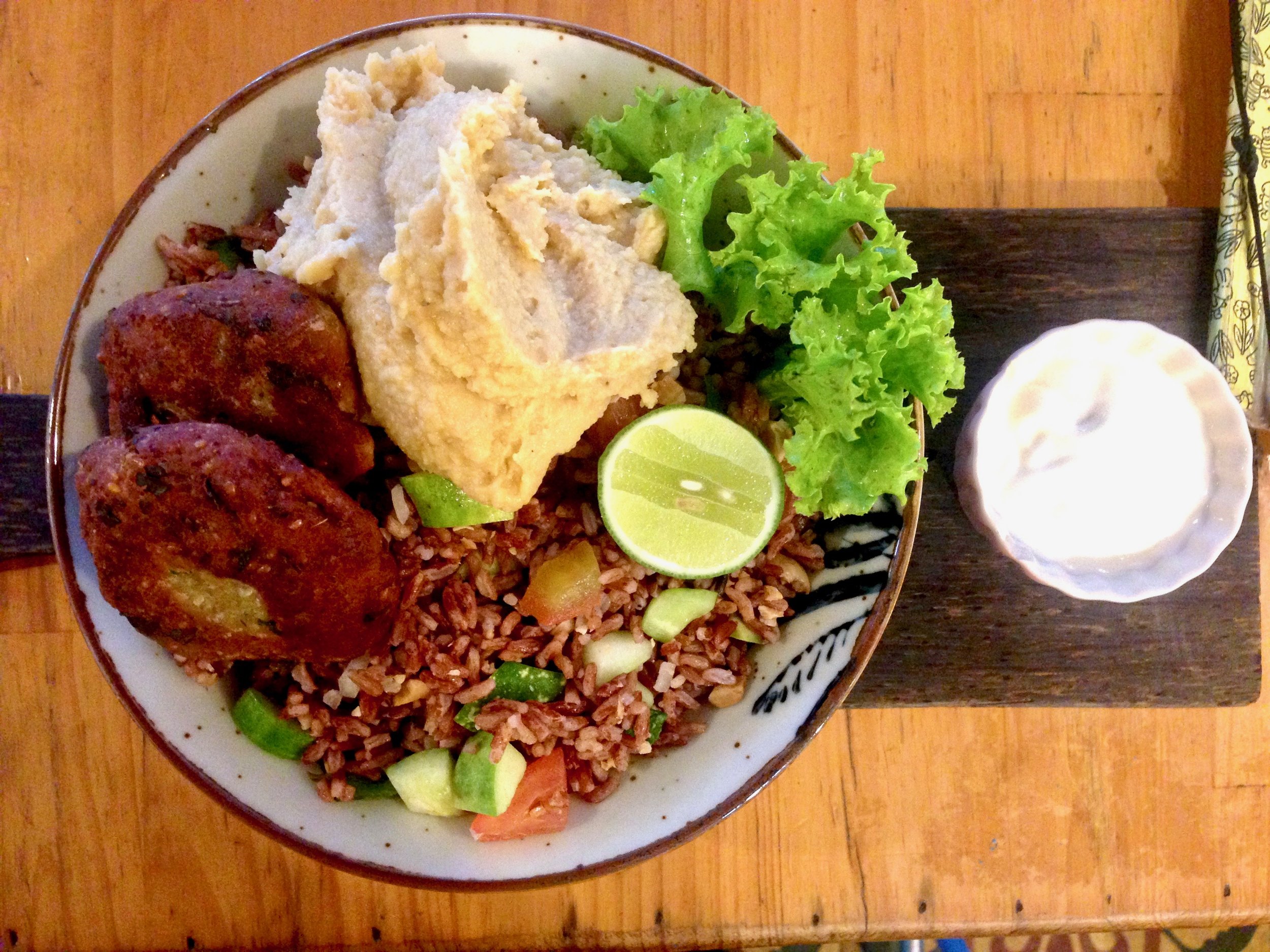 Falafel and hummus with brown rice and veggies