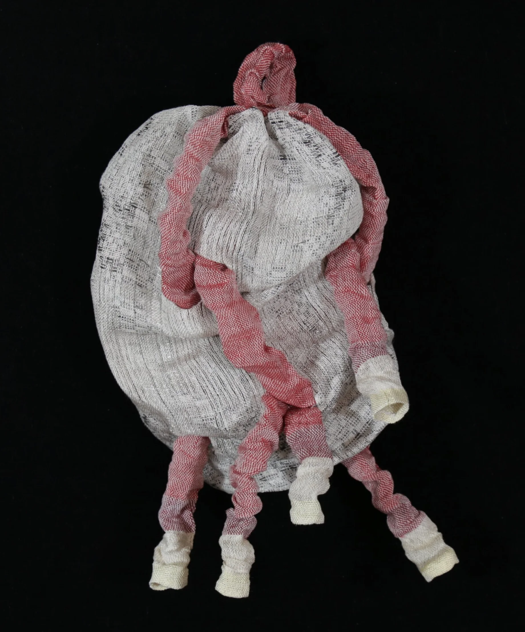 "Corpuscle". Linen, silk, cotton, wool, stainless steel, brass. 10.5" x 7" x 3.25". 2017.