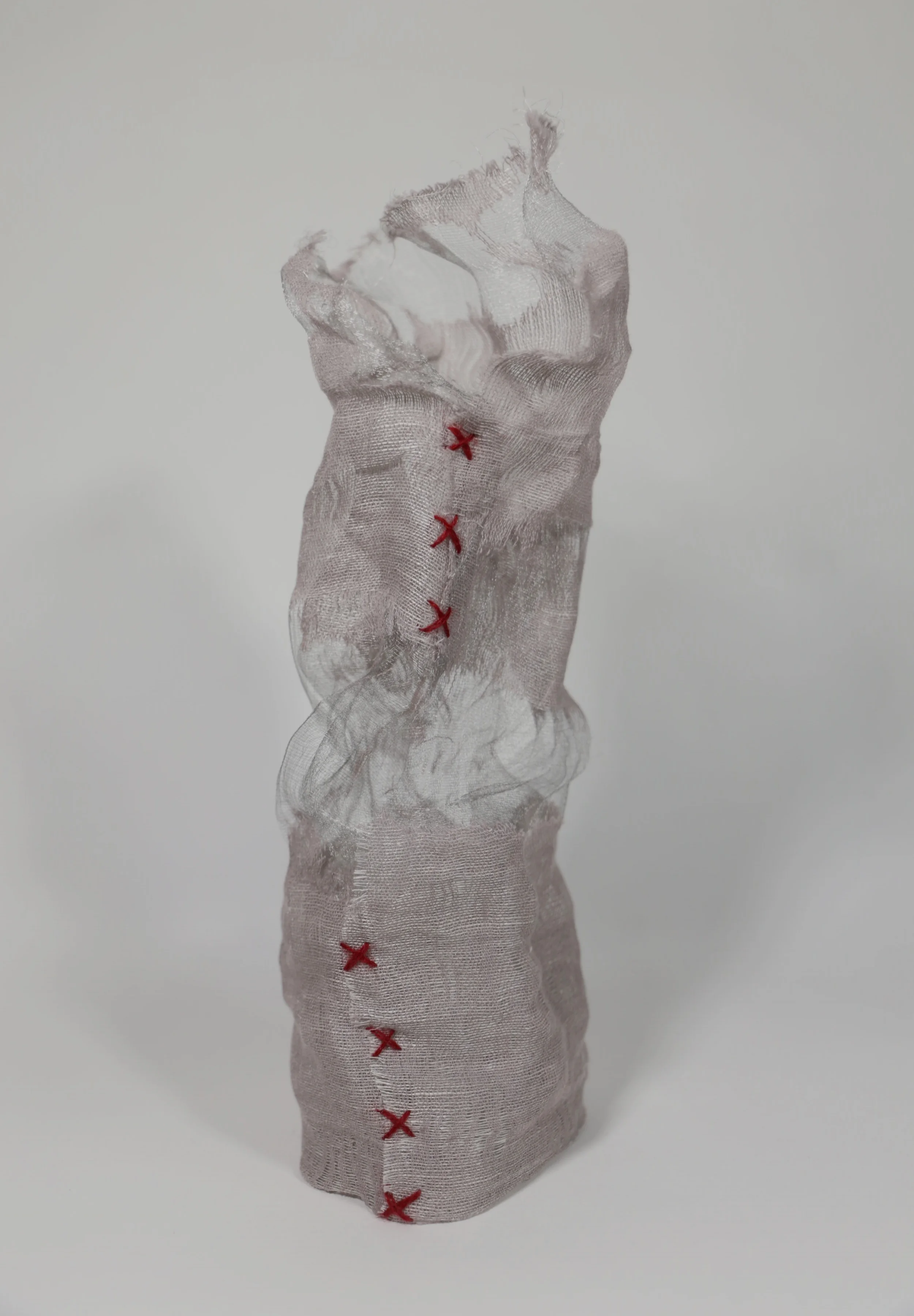  Detail, "Ariadne's Thread".  Cotton, stainless steel, wool.  10.5” x 3.75” x 3.75”.  2018.     