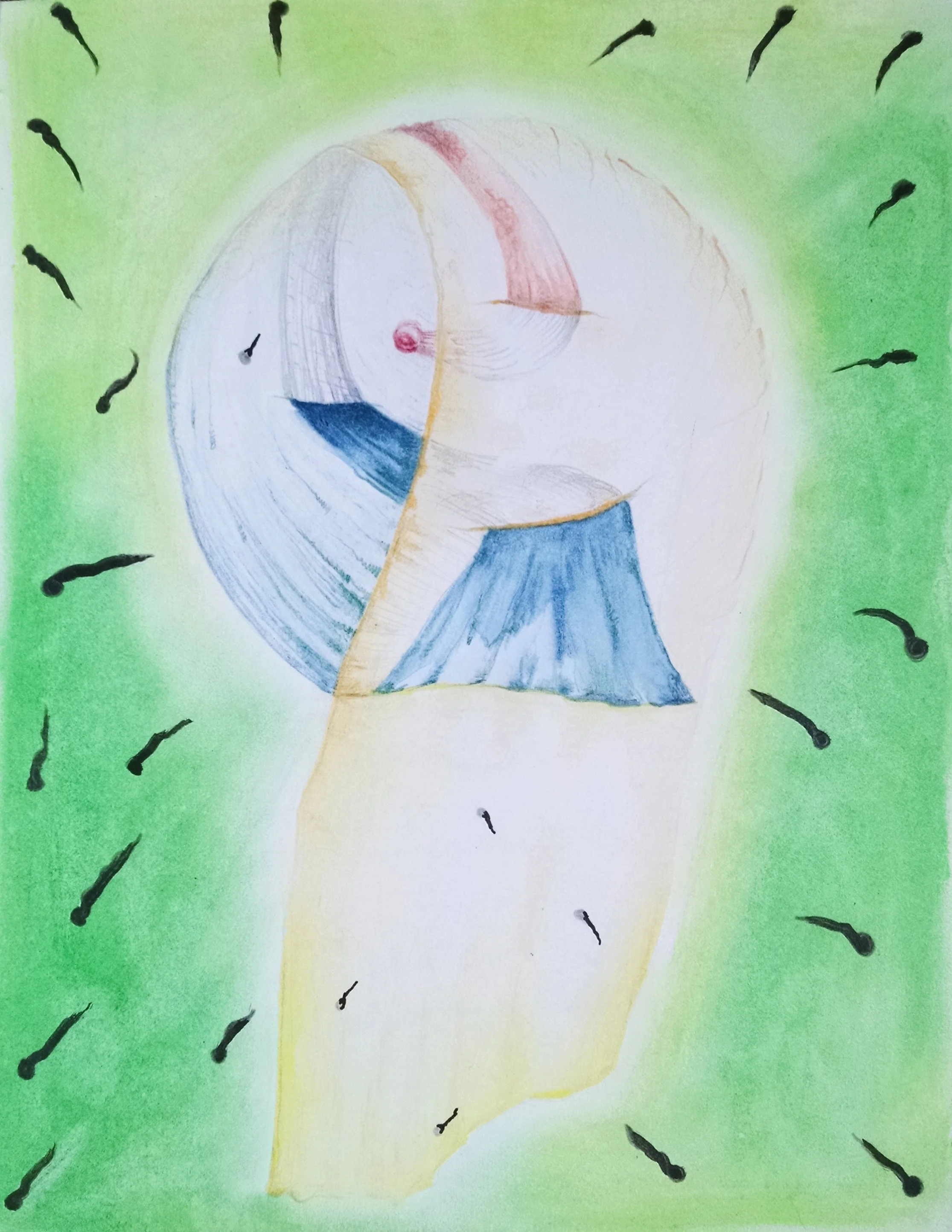"The Beginning." Oil pastel, watercolor pencil, pen and ink on paper. 8" x 6.25". 2017.