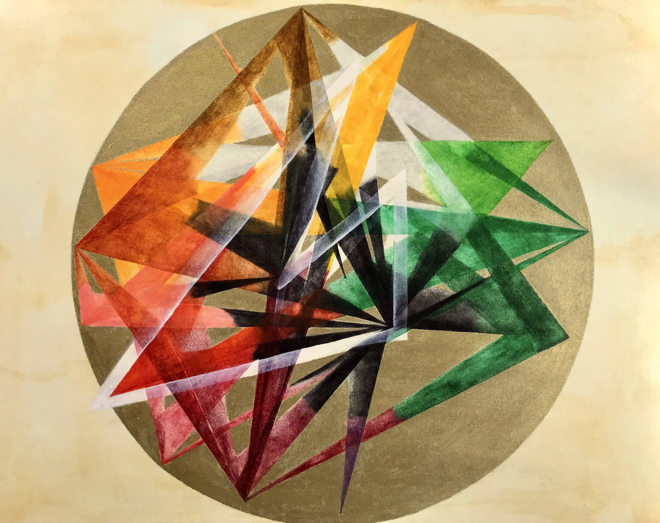  “To Raise an A” (title and text from poem by Lee Ann Brown,  In the Laurels, Caught , Fence Books, 2013).  Derwent Inktense watercolor medium and oil pastel on Arches paper.  16” x 12”.  2024. 