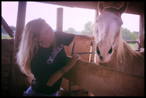 Cloud with Julie. Cloud is a mustang mare, adopted earlier in 2016, who seems to allow us humans to feel more free and undomesticated just by being near her.
