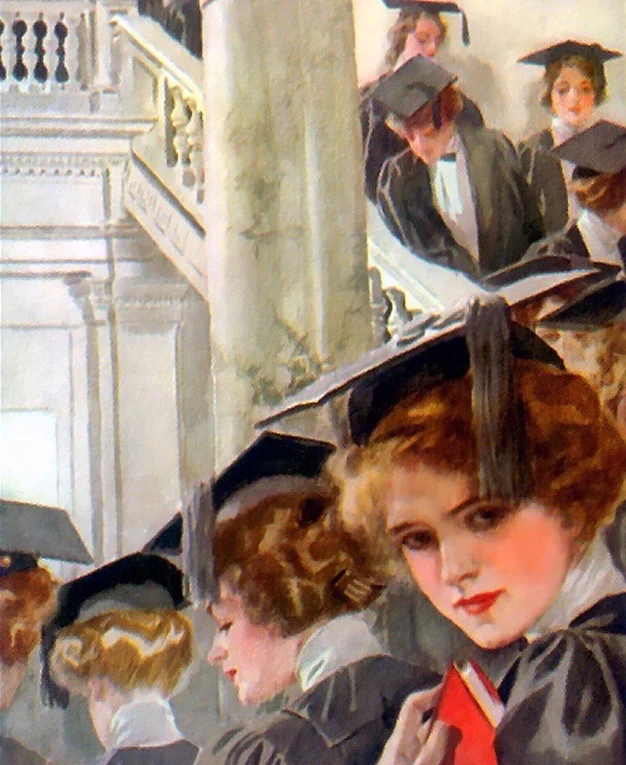 "Girl Scholars on Parade" by Harrison Fisher (1875-1934). Fisher was an American artist and magazine illustrator who captured the "Gibson Girl" American style of beauty.