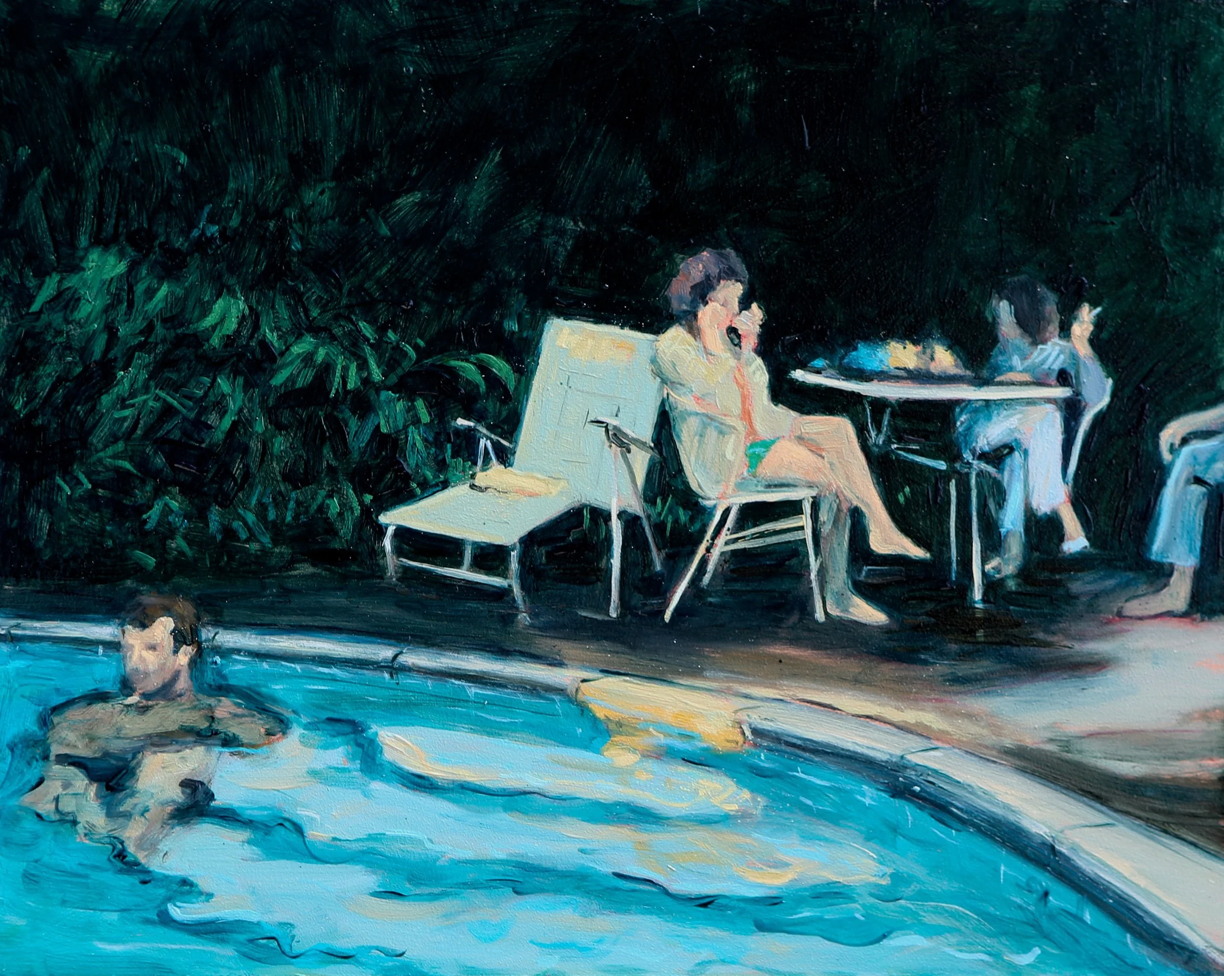 “Poolside Gossip” | 16 x 20 in oil on panel
