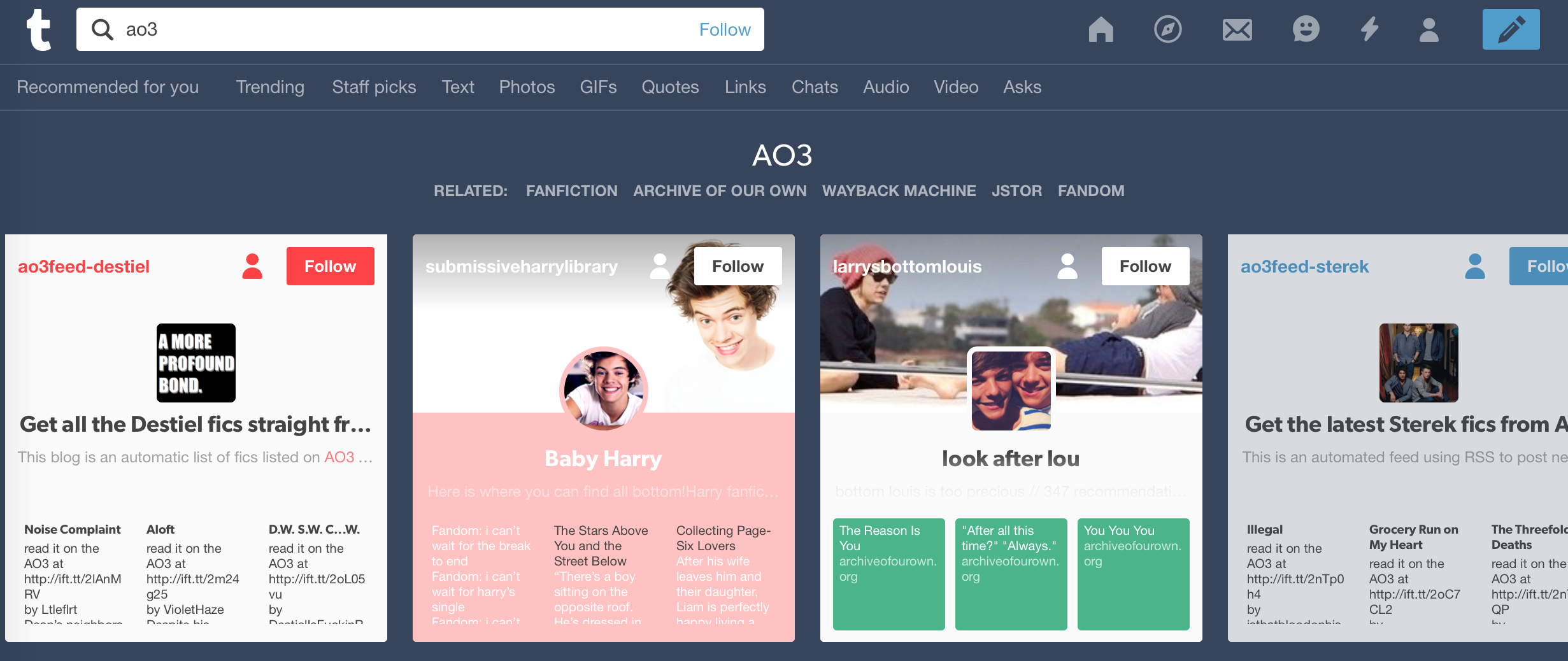 Figure 3: The Tumblr search page (using the term “AO3”, or Archiveofourown ) showing the top four recommended blogs for the term are dedicated to specific pairings - both fictional and real life.