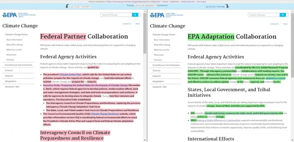Figure SEQ Figure \* ARABIC 1 : EPA Jan 19th vs Jan 22 2017. Source: http://grist.org/article/welcome-to-the-new-epa-website-overhauled-by-trumps-team/