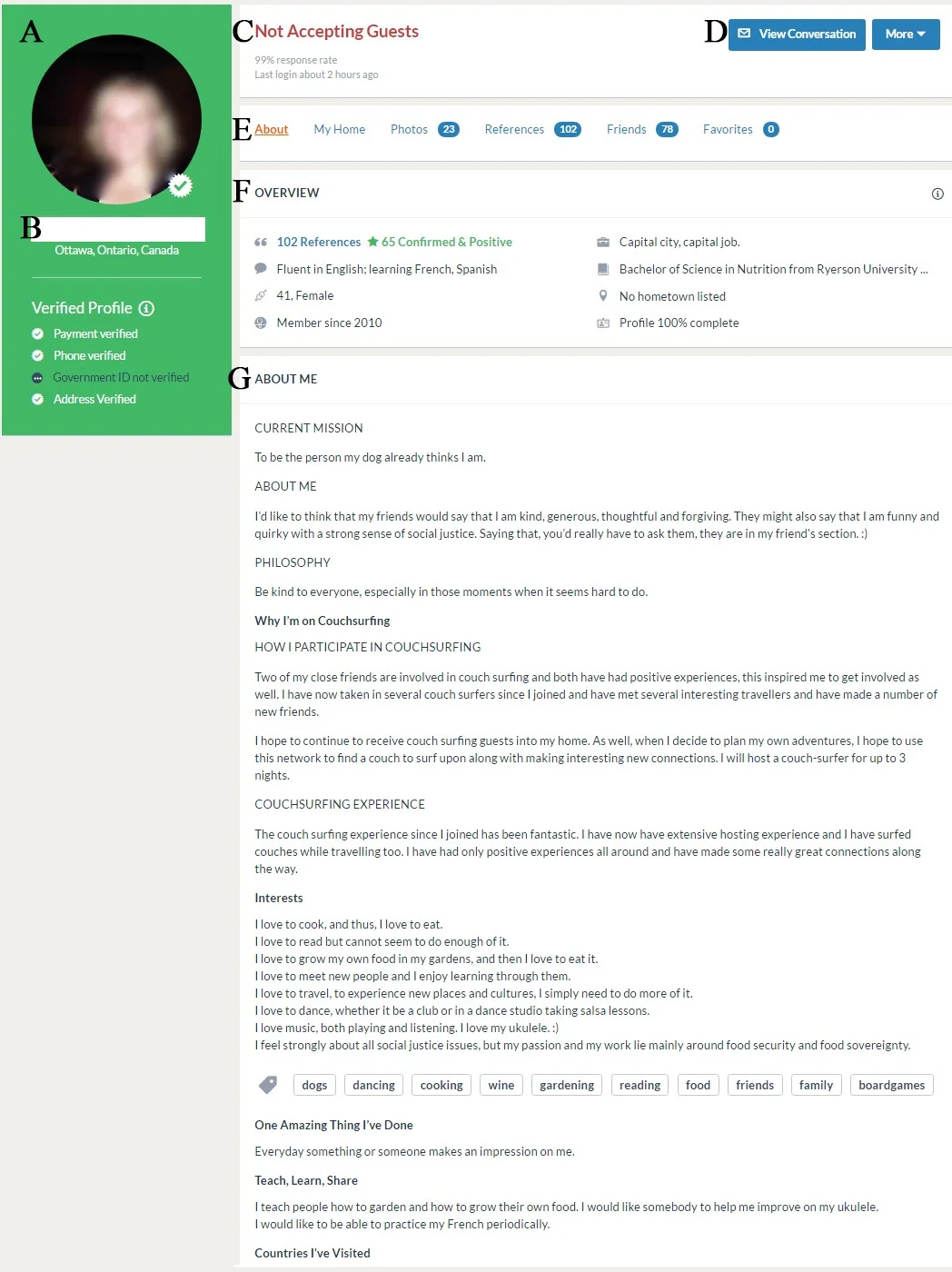 Figure 1: Annie’s Profile. (A) Profile photo. (B) Profile name. (C) Status as a choice from Accepting Guests, Maybe Accepting Guests, Not Accepting Guests, Wants to Meet Up. (D) Actions one can take on someone’s profile. The Request to Stay is removed because of Annie’s current status of ‘Not Accepting Guests.’ Other actions include sending a message, and under ‘More,’ adding as a Friend, and writing requesting a reference. (E) Tabs can be selected to find out more information about Annie’s home, see her photos, read references from other members, connect to her Couchsurfing friends, and see any places she might have listed as a favorite. (F) Basic biographical overview, including age, occupation, education, etc. (G) Sections Annie filled out using the guidelines set by Couchsurfing.com. Missing sections include “My Favorite Music, Movies & Books” and “What I Can Share With Hosts,” as she chose to not fill them out.