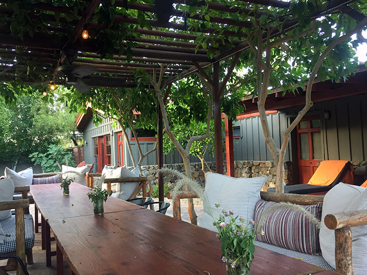Trellis-shaded table in the garden for sharing meals or playing boardgames.