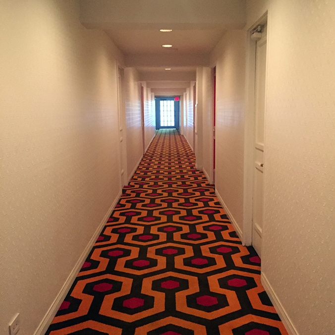 Hallways recreated from "The Shining." The doors are painted red.