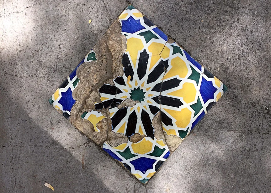 Bench tile and flower petals share the same shade of yellow.