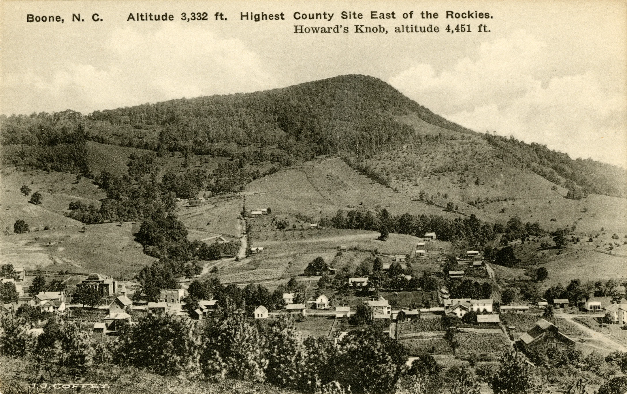 Boone, NC, as it appeared ca. 1910, image by J. J. Coffey, from the Bobby Brendell Postcard Collection, Digital Watauga Project
