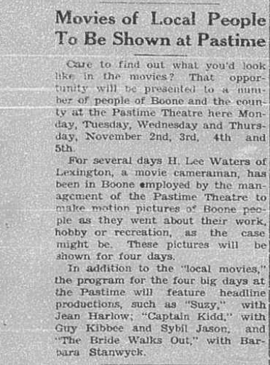 Article in the October 29, 1936, edition of the Watauga Democrat advertising the H. Lee Waters film of Boone.