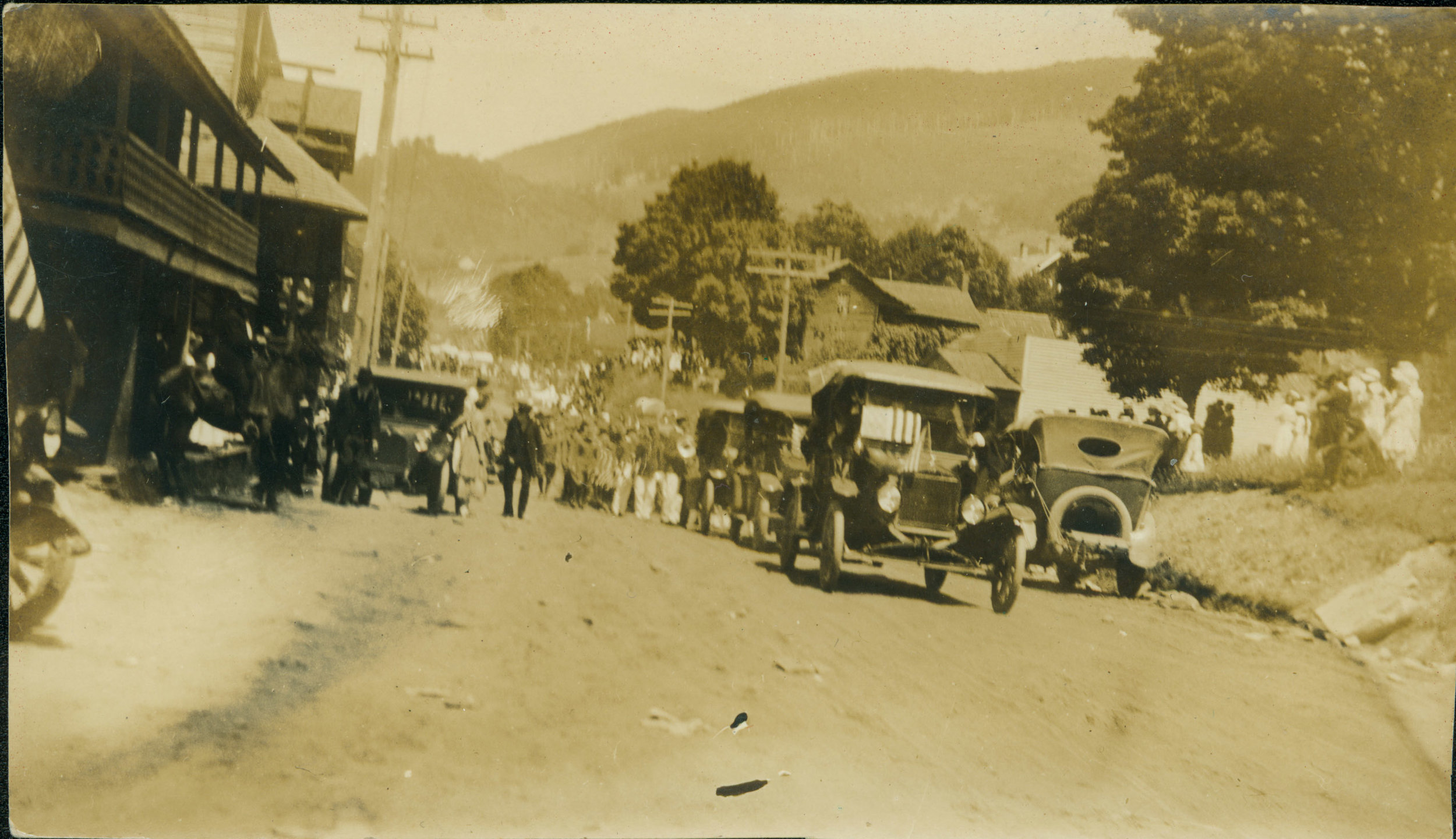 West King Street (then known as "Main Street"), looking west, during the July 4, 1919, parade. The trees at the Jones House are on the far right, which the J. D. "Crack" and Emma Councill House can be seen at right center, near the first telephone pole on the right. Image courtesy of the H. L. and Gladys Coffey Collection, Digital Watauga Project.
