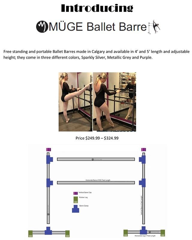 Need a ballet barre for your on-line ballet class? We still have them in stock; they are adjustable to a high of 50&rsquo;, you can set it as double or single barre and they come in 3 different colors with a carry-on bag and they are made in Calgary.