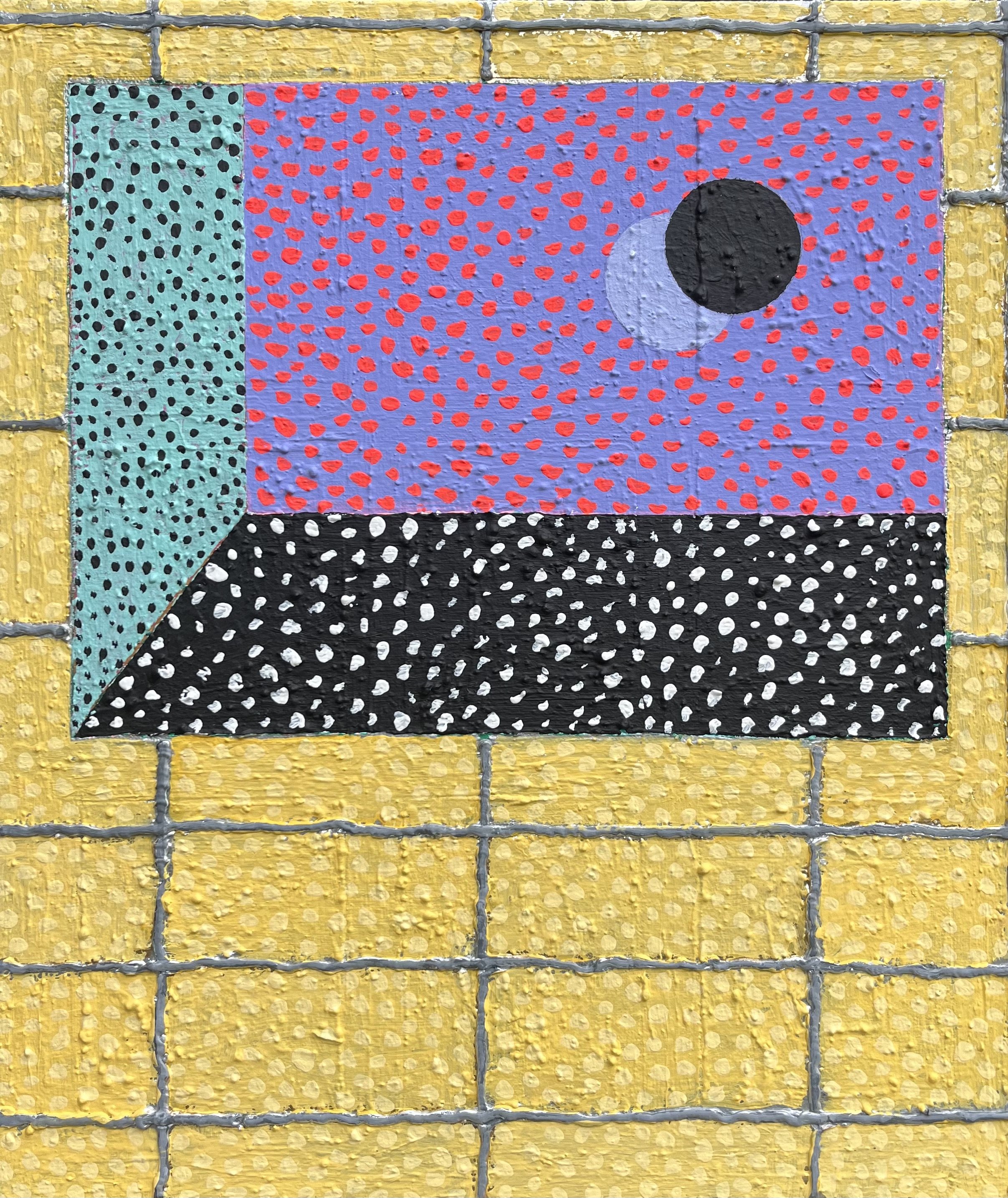 Yellow Grid, Purple Sky. 19" x 22" acrylic, oil, silicone and plaster on canvas