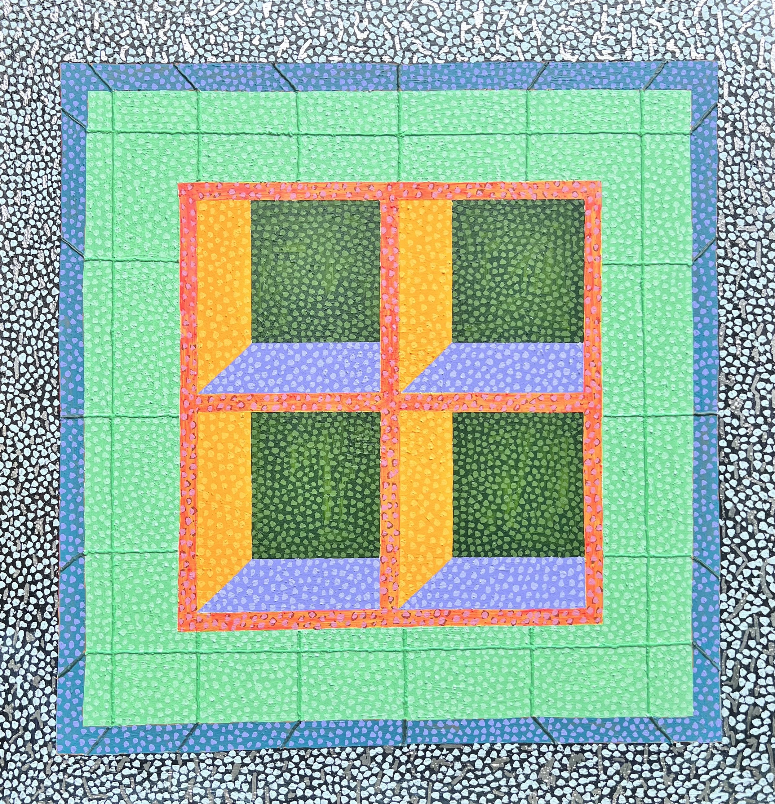 Four Holes, One Box. 62" x 64" acrylic, oil, silicone and plaster on canvas