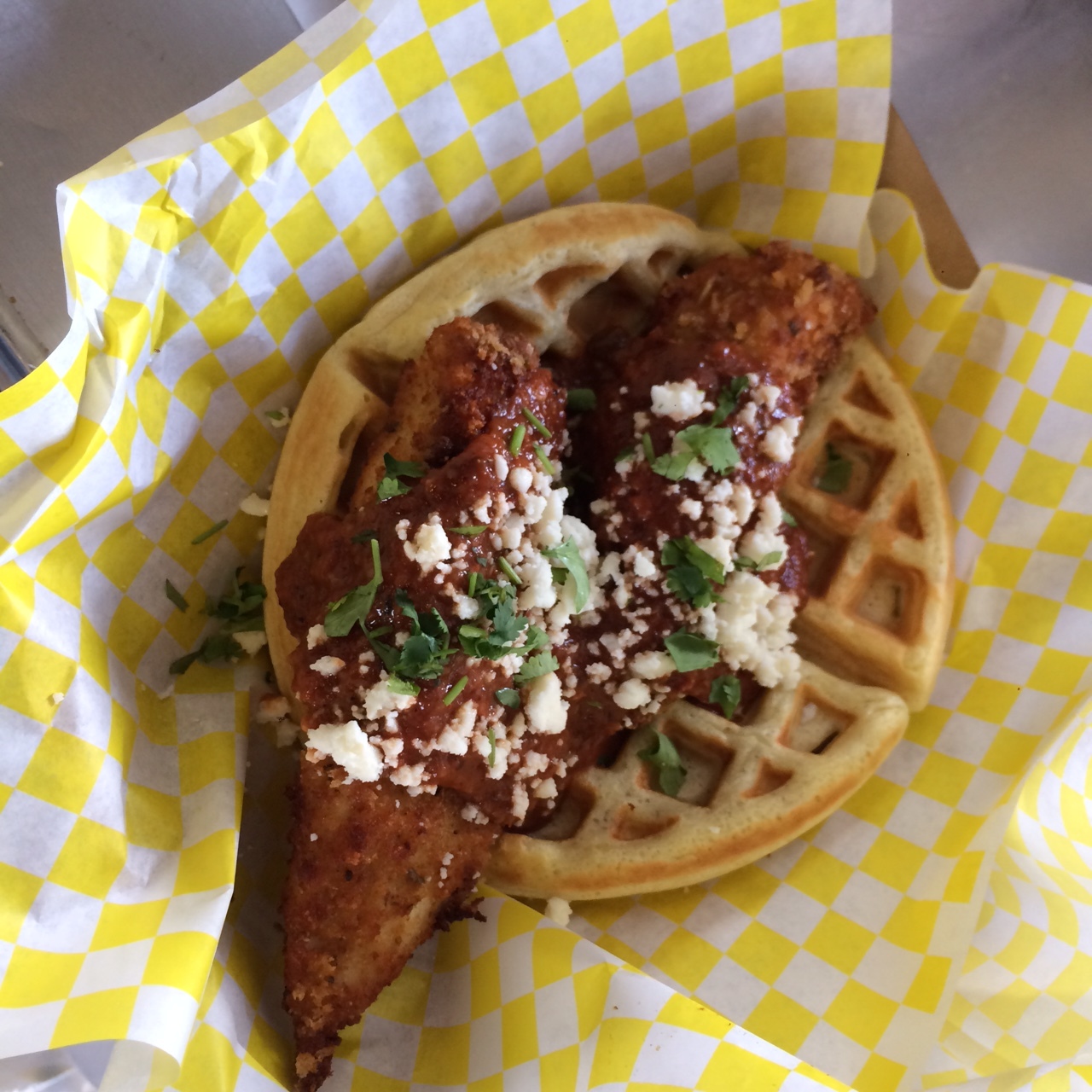  Red Mole Waffle with Fried Chicken Tender 
