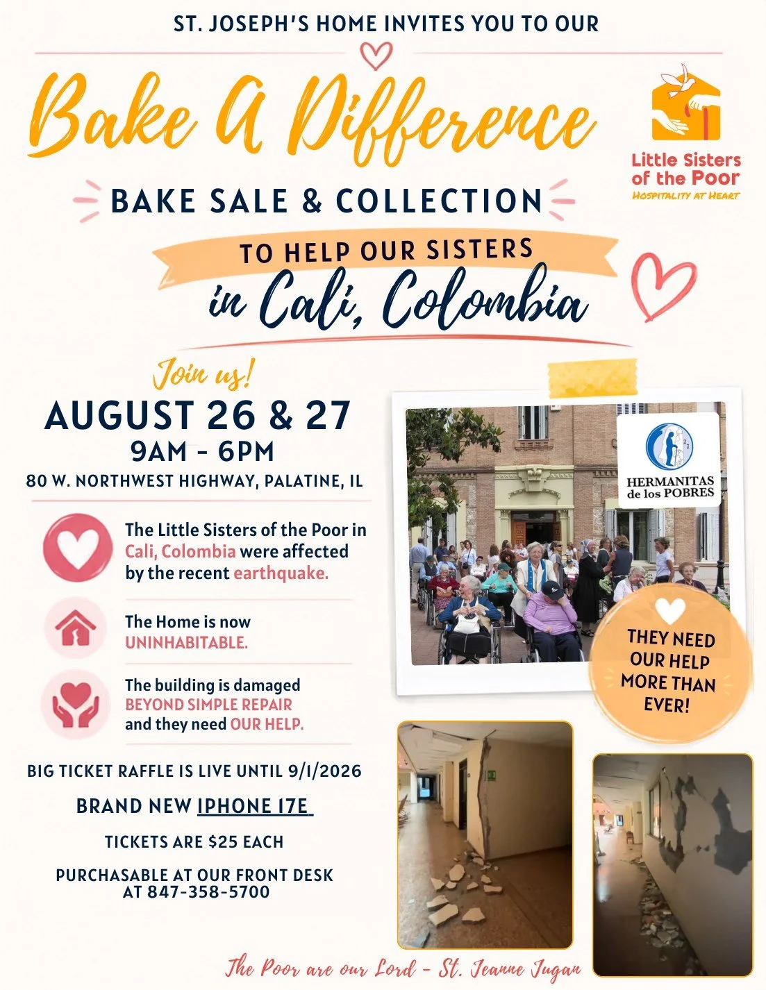 Bake a difference for the Little Sisters of the Poor! 🧁🥖🕊️✨

St. Joseph&rsquo;s Home invites our community to their "Bake A Difference" Bake Sale &amp; Collection to support the Little Sisters of the Poor in Cali, Colombia, whose home wa