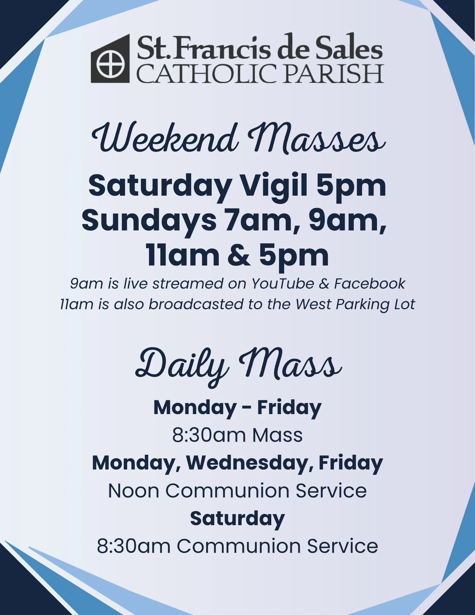 Sunday 5:00 PM Mass is back! 🕊️✨

Starting our fall schedule, we are thrilled to welcome back the Sunday 5:00 PM Mass! Whether your weekend is packed with family activities or sports, we have plenty of opportunities to worship together as a parish f