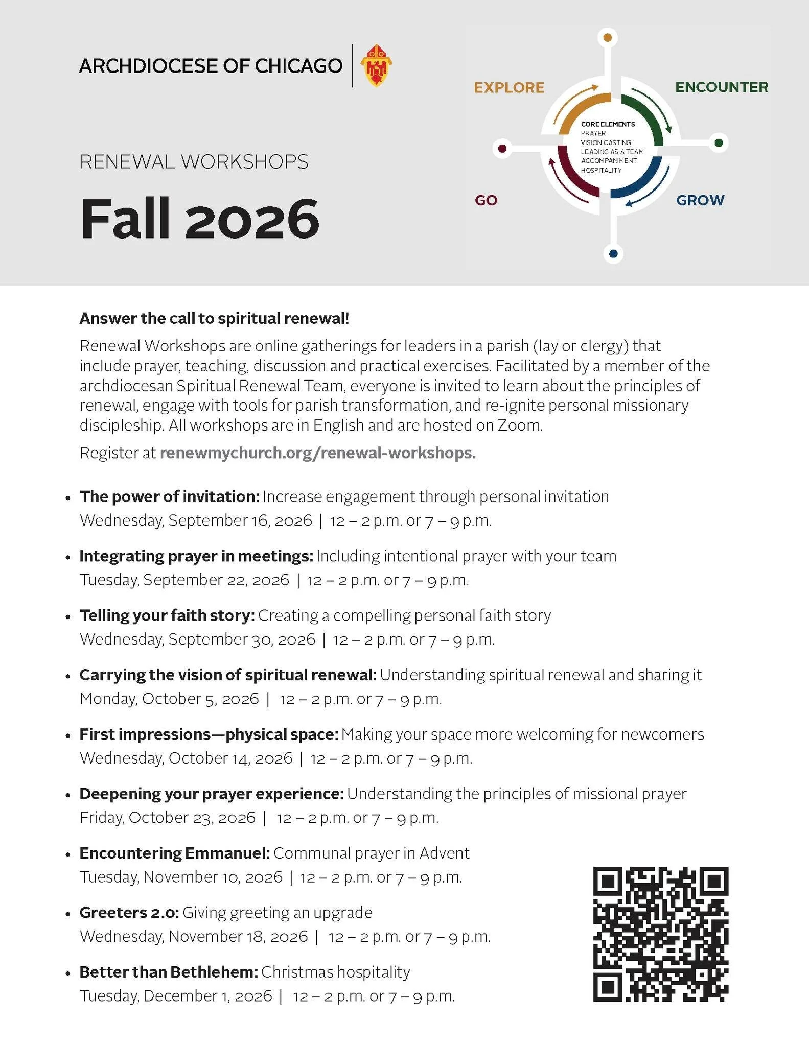 Archdiocese of Chicago: Fall 2026 Online Renewal Workshops 🕊️💻✨

Answer the call to spiritual renewal! The Archdiocese of Chicago is hosting a series of free, practical online workshops designed for parish leaders, ministry volunteers, and anyone p