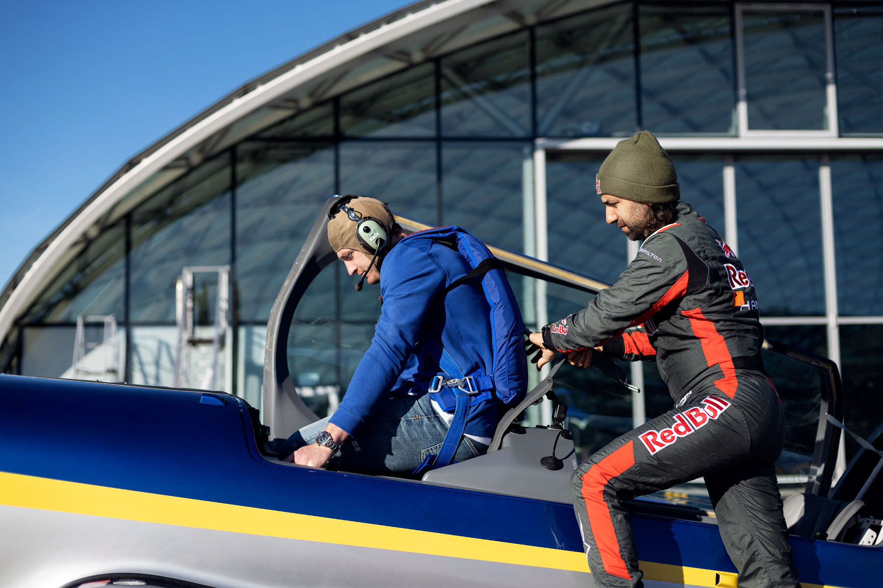  Beauden Barret is seen preparing for his first ever  acrobatic tandem flight with pilot Dario Costa during his visit to Hangar-7 in Salzburg, Austria on November 29, 2018 