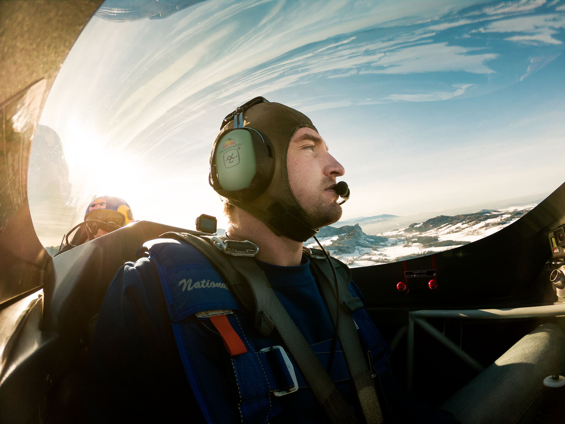  Beauden Barret is seen during his acrobatic tandem flight with pilot Dario Costa in Salzburg, Austria on November 29, 2018 