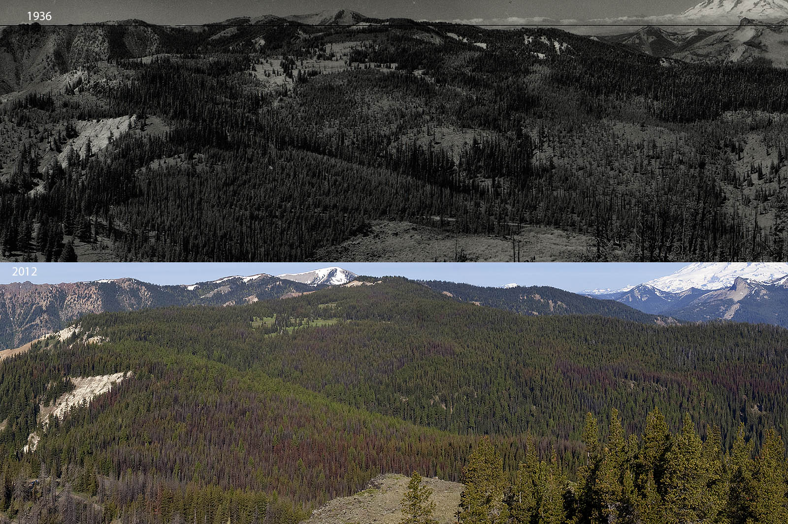 Funding for repeat image: Okanogan-Wenatchee National Forest and Wenatchee Forestry Sciences Lab, of Pacific NW Research Station. 1934 image by George Clisby is from National Archives and Records Administration in Seattle, WA. 