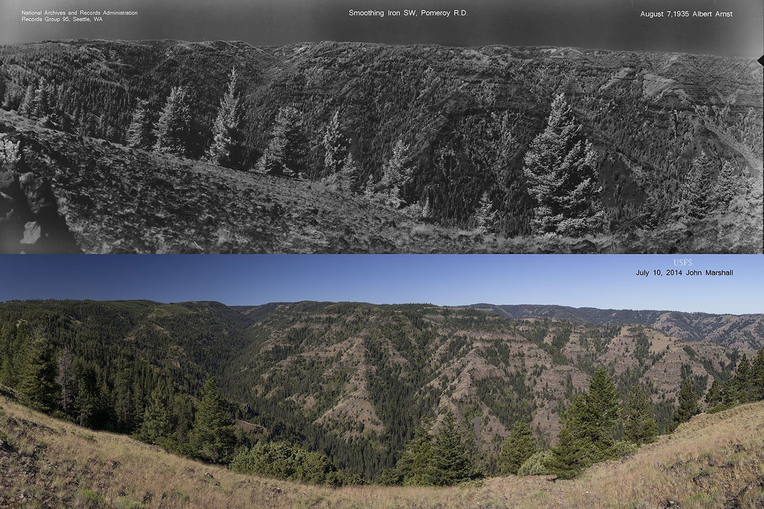 1935 USFS photo from National Archives and Records Administration, Seattle, WA. 2014 photo by John F Marshall for Umatilla National Forest, WA.