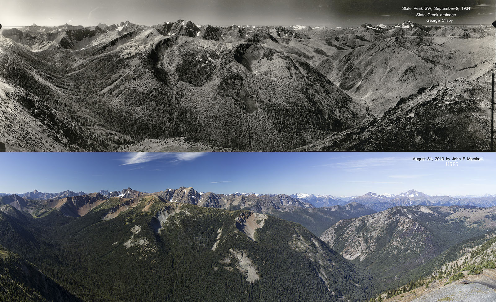 1934 USFS Photo by George Clisby from National Archives and Records Administration, Seattle, WA. 2013 photo by John F Marshall for Okanogan-Wenatchee National Forest and Wenatchee Forestry Sciences Lab. 