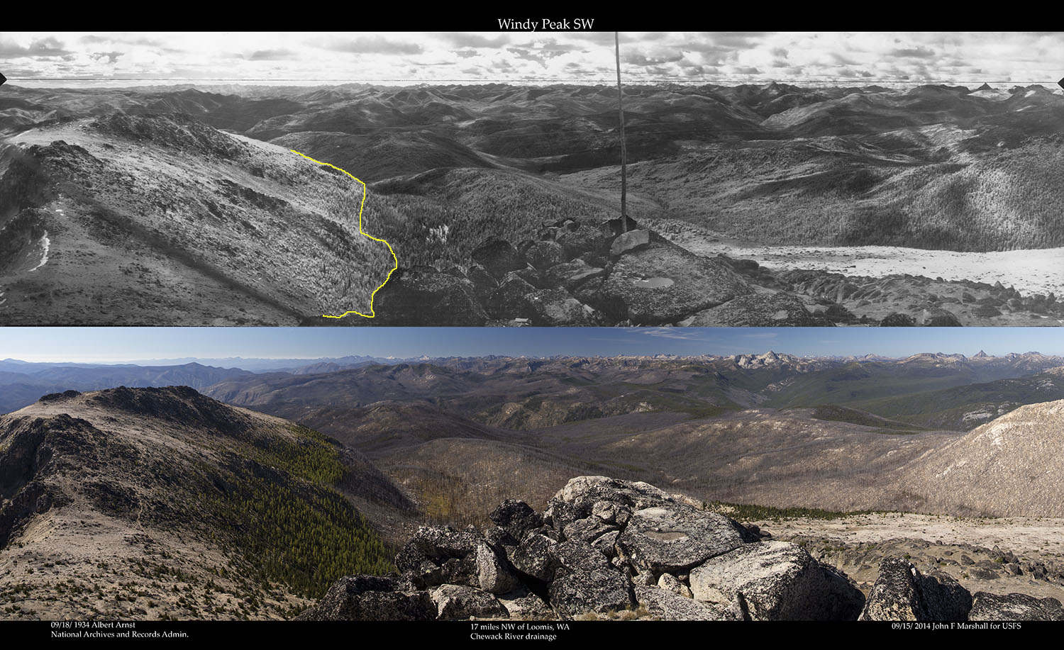 WINDY PEAK SW 1934 Photo- Albert Arnst from National Archives and Records Administration, Seattle, Wa. 2014 Photo- John F Marshall for Okanogan-Wenatchee National Forest and Wenatchee Forestry Sciences Lab. View looking from 180 degrees (south) to 300 degrees (west by northwest) Yellow line shows boundary of old fire scar.