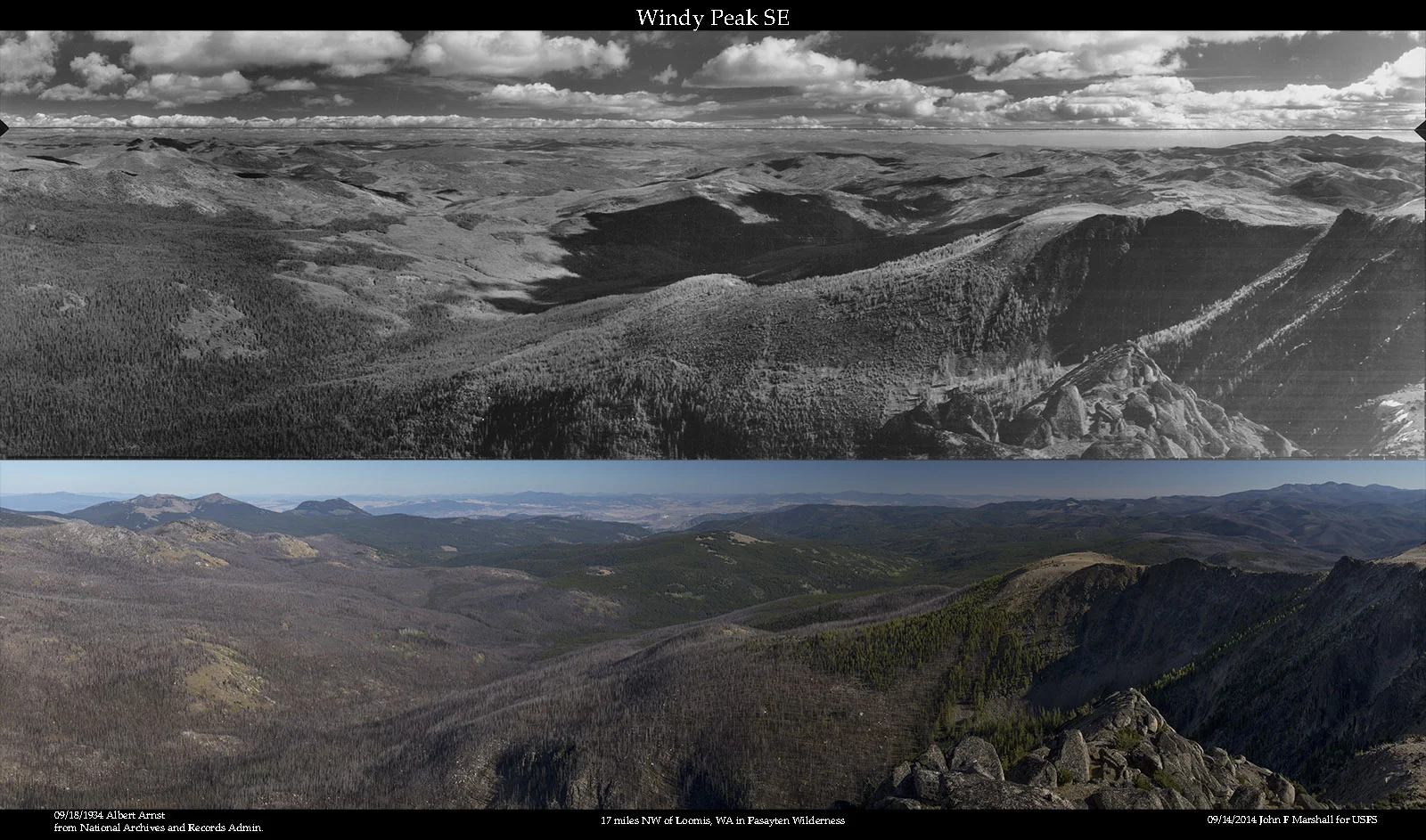 WINDY PEAK SE 1934 Photo- Albert Arnst from National Archives and Records Administration, Seattle, WA. 2014 Photo- John F Marshall for Okanogan-Wenatchee National Forest and Wenatchee Forestry Sciences Lab. View looking from 60 degrees (east by northeast) to 180 degrees (south). 